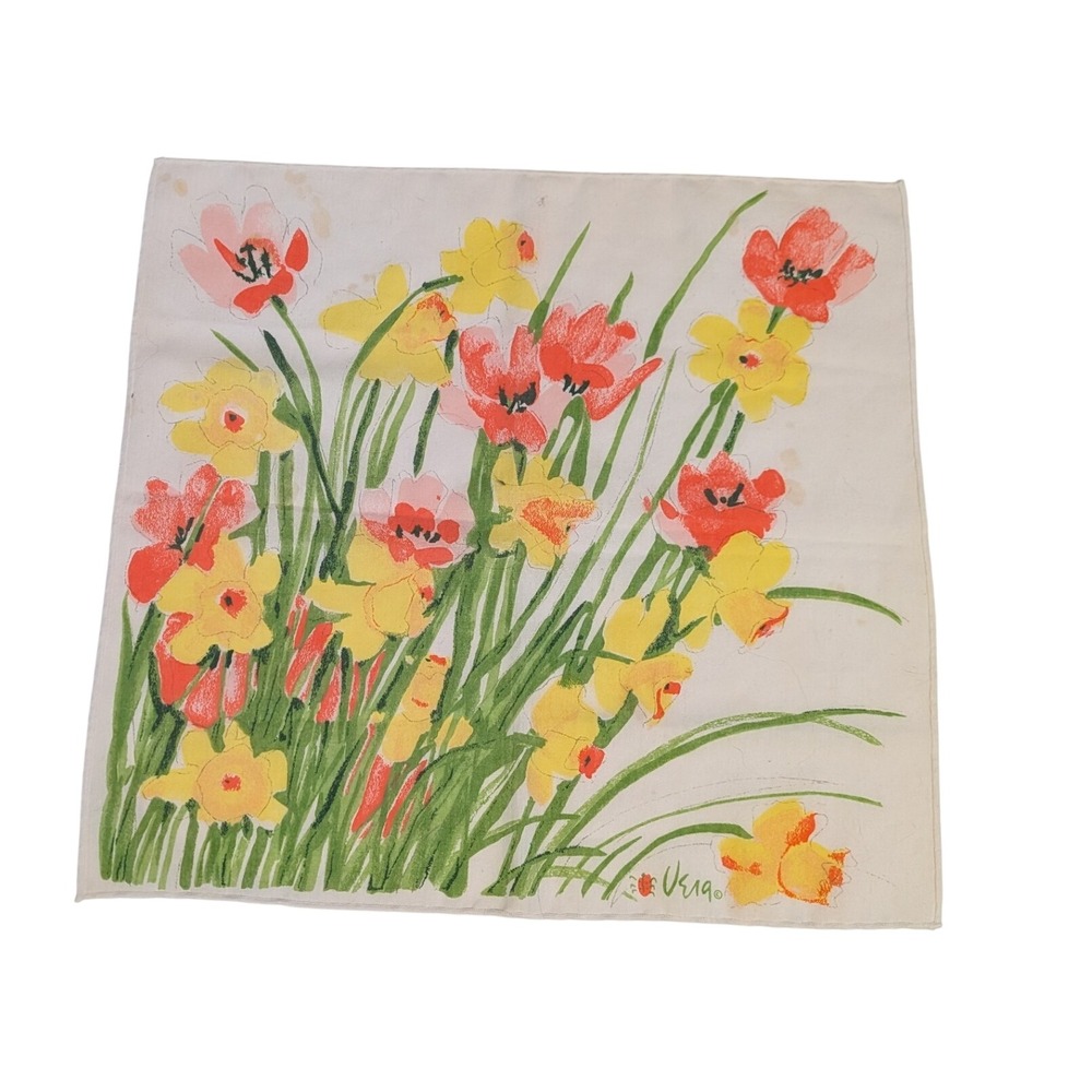 Vintage Vera Neumann Handkerchief Floral Tulip Daffodil Ladybug Logo MCM Square